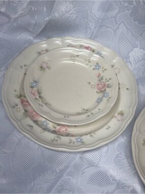 Tea rose stoneware bread & Dinner Plate Set in Cream with Pink & Blue Accents